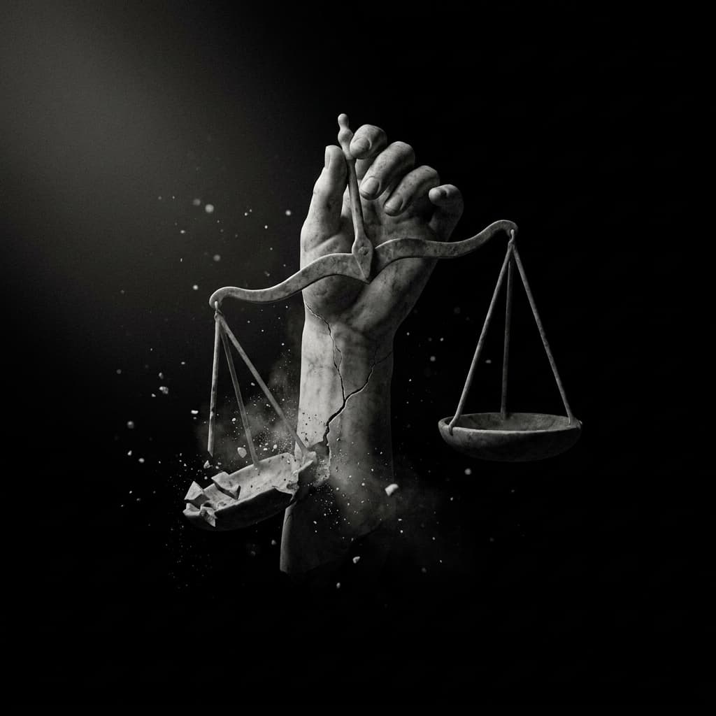A marble hand holding carved scales, one pan tipped down and fracturing.