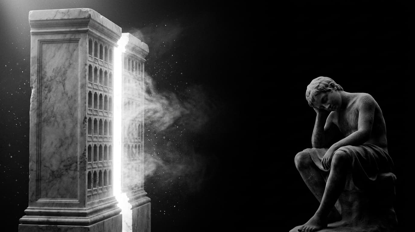 A glowing marble monolith carved with rows of server niches beside a small sleeping figure covered in settled dust.